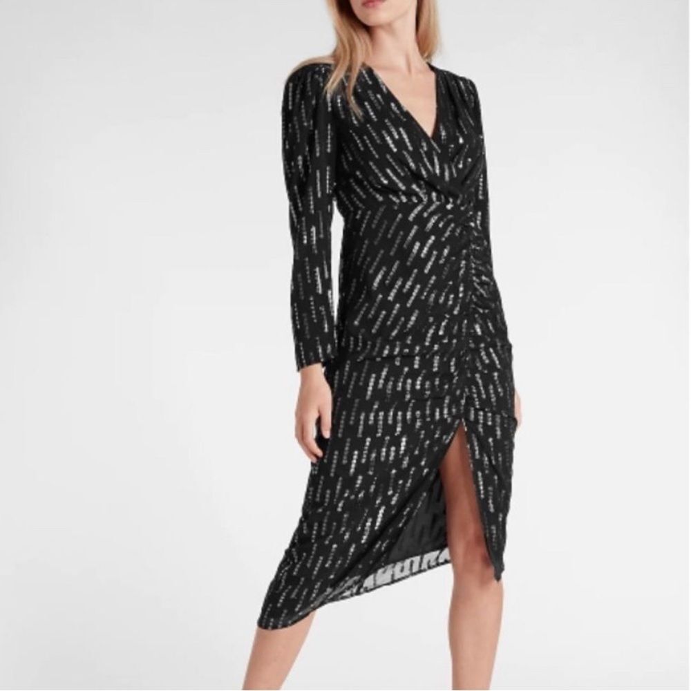 Express Metallic Faux Wrap Ruched Midi Dress XS